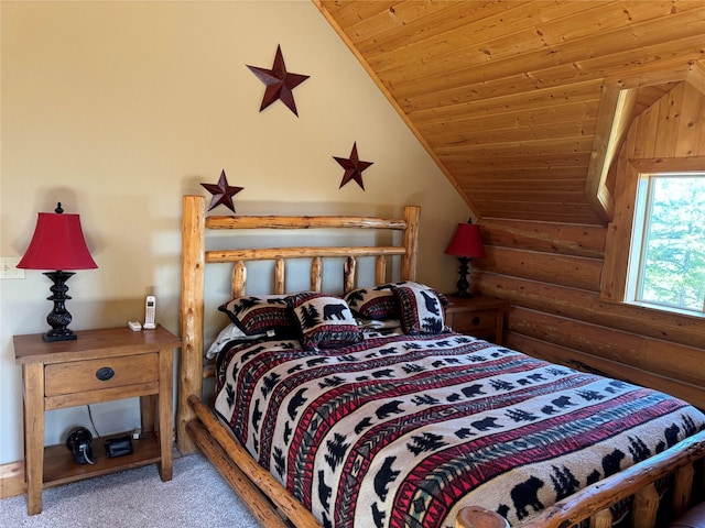 carpeted bedroom featuring rustic walls, lofted ceiling, and wooden ceiling