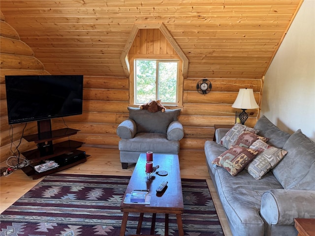 living area with rustic walls, wood ceiling, and wood finished floors