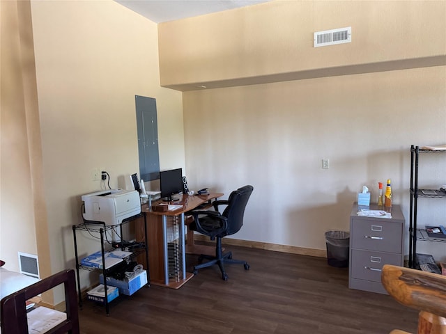office featuring baseboards, visible vents, dark wood-style floors, and electric panel