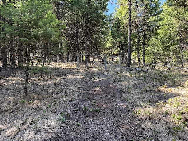 view of landscape featuring a forest view