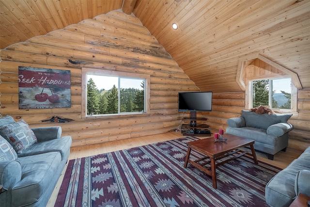 550 Jackson Meadows Rd, Kila, MT 59920 - living area with wooden ceiling, log walls, and wood-type flooring