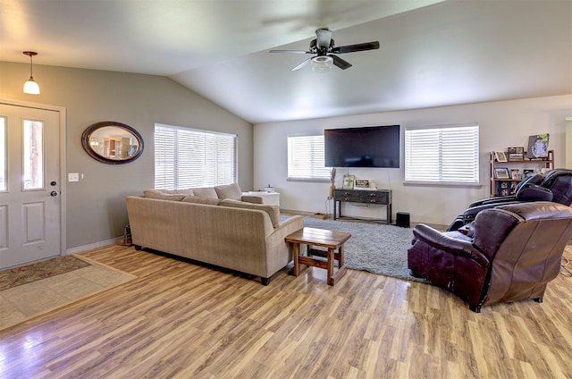 2603 Quinn Ct, Missoula, MT 59804 - living room with ceiling fan, a healthy amount of sunlight, light wood-style flooring, and lofted ceiling