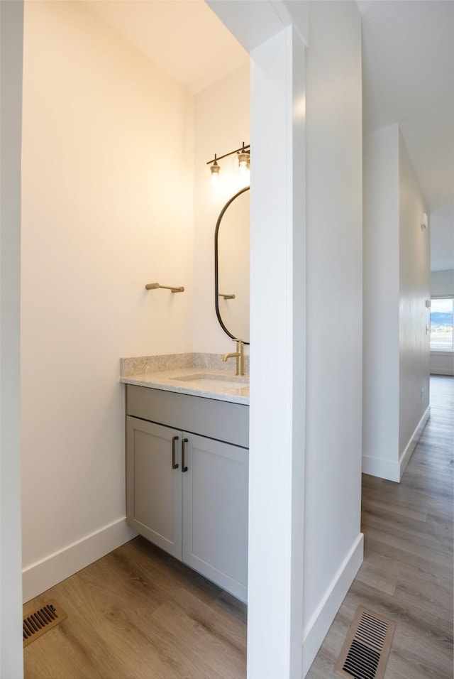 bathroom featuring vanity, baseboards, wood finished floors, and visible vents