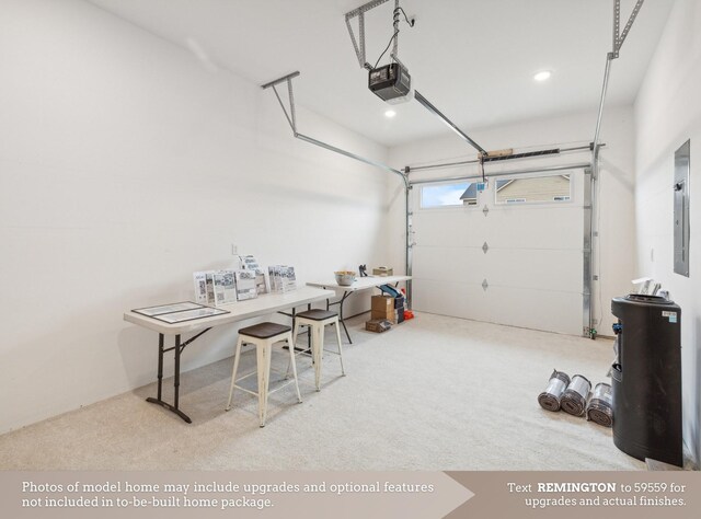 garage with recessed lighting, a garage door opener, and electric panel