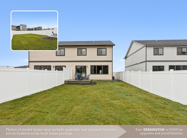 rear view of property featuring a lawn, a fenced backyard, and a patio area