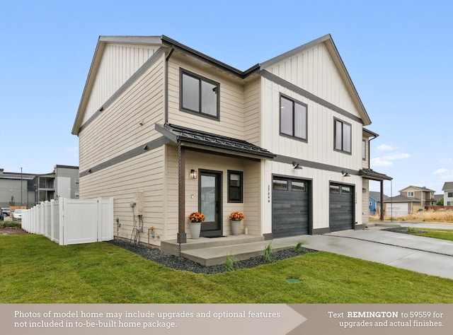 view of front facade with board and batten siding, driveway, fence, a front lawn, and an attached garage