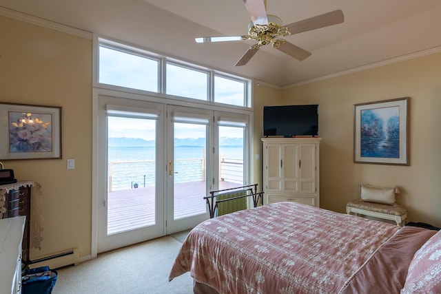 bedroom with ceiling fan, crown molding, a baseboard radiator, access to outside, and light carpet