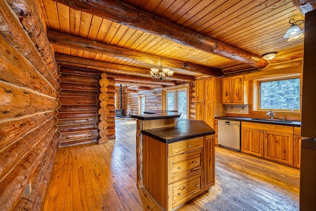 kitchen featuring a sink, dark countertops, light wood-type flooring, log walls, and dishwasher