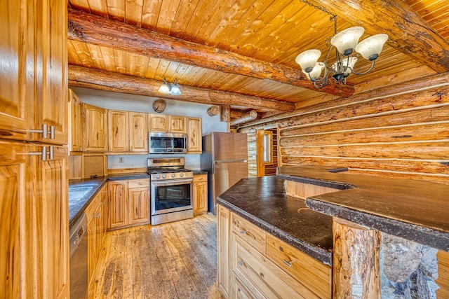 kitchen with light wood finished floors, appliances with stainless steel finishes, log walls, beamed ceiling, and wooden ceiling