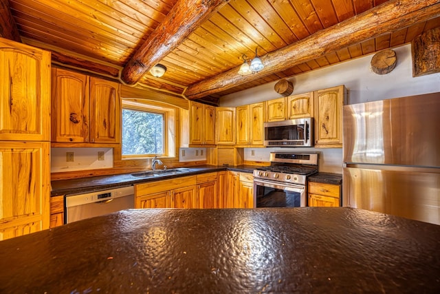 kitchen featuring wood ceiling, a sink, beam ceiling, stainless steel appliances, and brown cabinetry