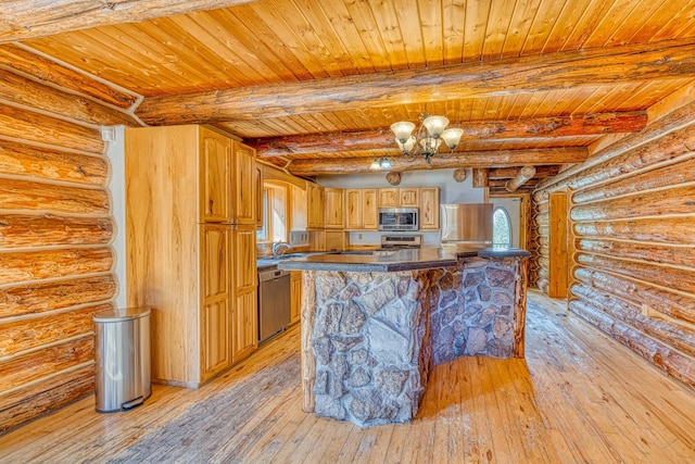 kitchen with light wood-type flooring, an inviting chandelier, appliances with stainless steel finishes, and wooden ceiling
