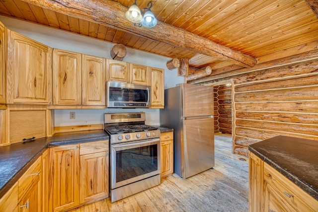 kitchen featuring appliances with stainless steel finishes, rustic walls, wood ceiling, light wood-style floors, and beam ceiling