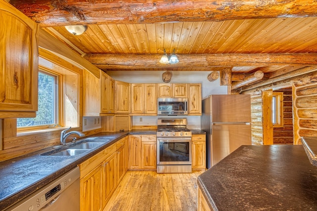 kitchen with a sink, stainless steel appliances, light wood-type flooring, wood ceiling, and rustic walls