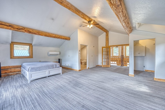 bedroom featuring light colored carpet, a wall mounted air conditioner, multiple windows, and vaulted ceiling with beams