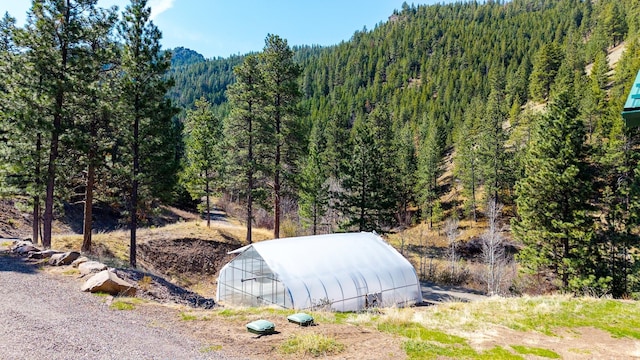 view of yard with an outdoor structure, a view of trees, and an exterior structure