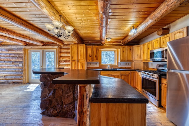 kitchen with wood ceiling, dark countertops, beam ceiling, appliances with stainless steel finishes, and rustic walls