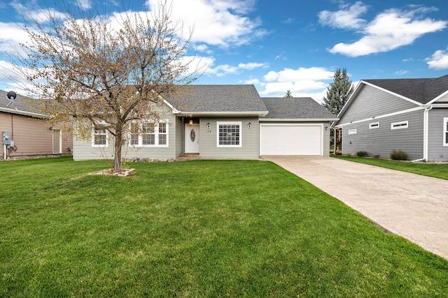 view of front of home featuring concrete driveway, an attached garage, a shingled roof, and a front yard