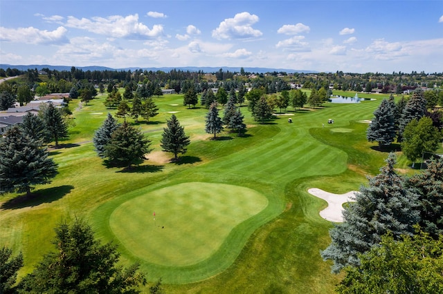 bird's eye view featuring a water and mountain view and golf course view
