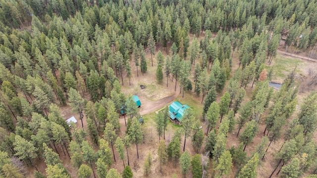 drone / aerial view featuring a forest view