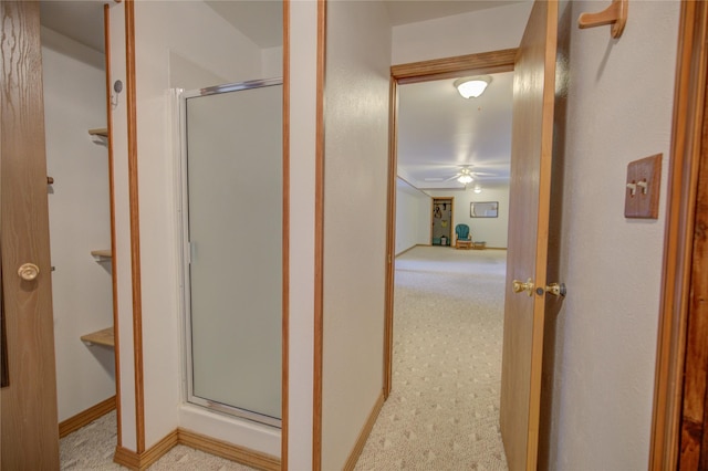 bathroom with baseboards and a shower stall
