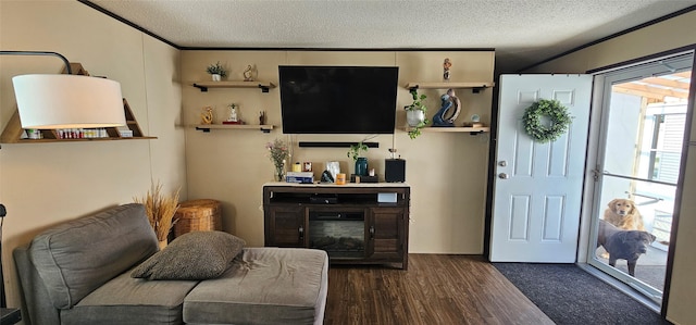 living area featuring a textured ceiling and wood finished floors