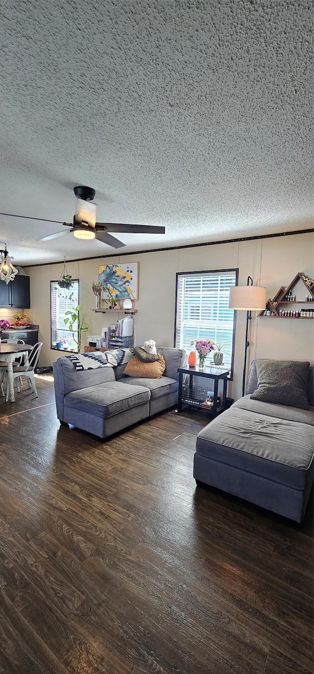 living area with a ceiling fan, a textured ceiling, and wood finished floors