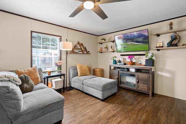 110 Van Sant Rd Unit 4, Kalispell, MT 59901 - living room featuring a textured ceiling, wood finished floors, a ceiling fan, and crown molding