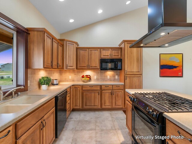 20 Windy Meadow Dr, Townsend, MT 59644 - kitchen featuring a sink, light countertops, wall chimney exhaust hood, decorative backsplash, and black appliances