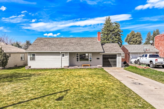 single story home with a front yard, a chimney, a shingled roof, an attached garage, and driveway