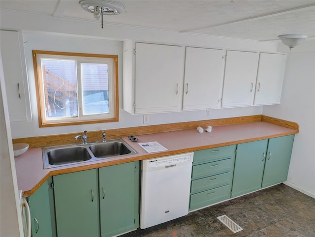 kitchen featuring visible vents, dishwasher, a sink, green cabinets, and white cabinetry