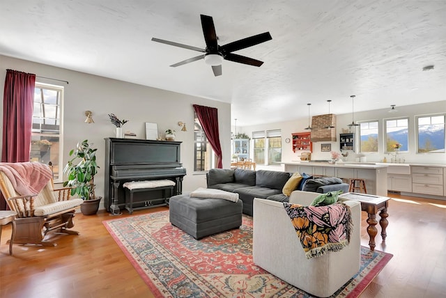 living room featuring light wood-type flooring and ceiling fan