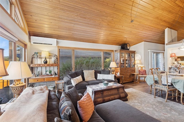 85 Golf Ter, Bigfork, MT 59911 - living room with a wall mounted air conditioner, wood ceiling, lofted ceiling, and wood finished floors
