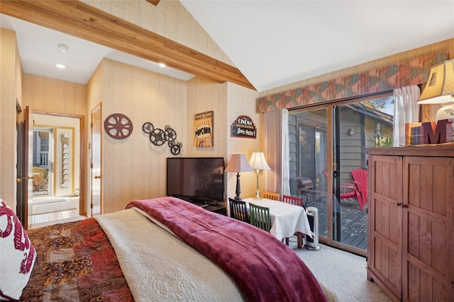 85 Golf Ter, Bigfork, MT 59911 - bedroom with access to outside, carpet flooring, lofted ceiling, and wallpapered walls