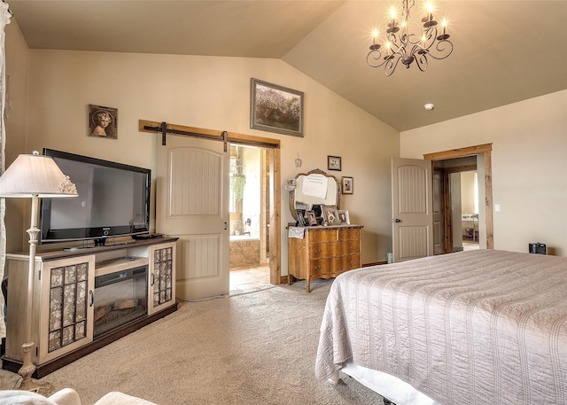 bedroom featuring high vaulted ceiling, carpet, a barn door, and a notable chandelier