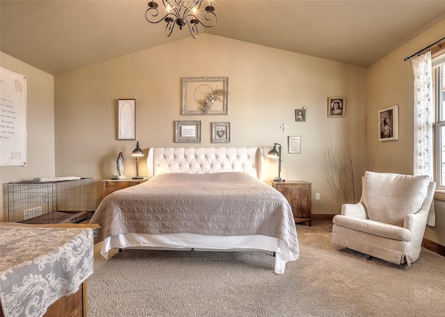 bedroom featuring carpet flooring, baseboards, a chandelier, and lofted ceiling