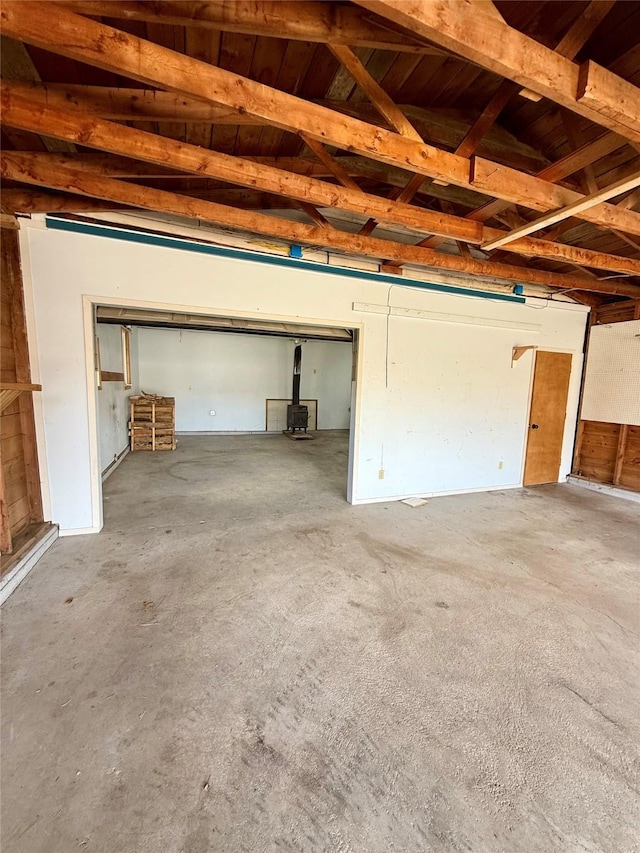 garage featuring a wood stove