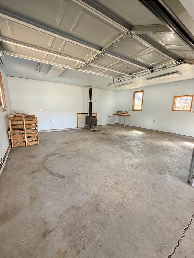 garage with a wood stove