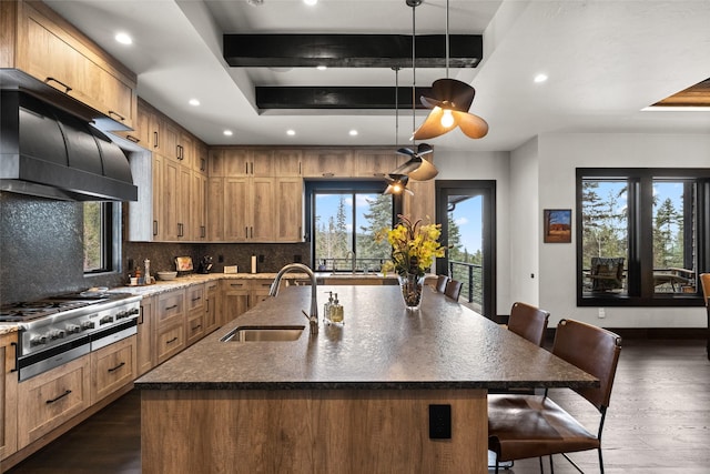 kitchen featuring a sink, backsplash, dark wood-style floors, and range hood