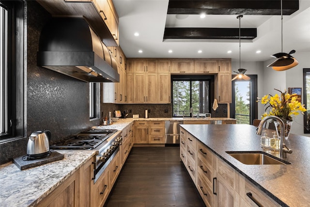 kitchen featuring a sink, a raised ceiling, custom exhaust hood, dark wood-style floors, and recessed lighting