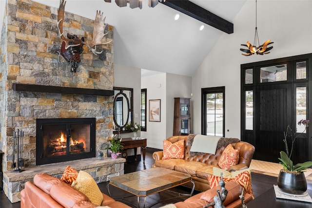 living room featuring an inviting chandelier, high vaulted ceiling, wood finished floors, and beam ceiling