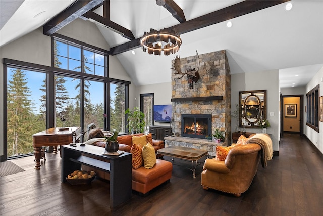 living area with high vaulted ceiling, a chandelier, hardwood / wood-style floors, and beamed ceiling