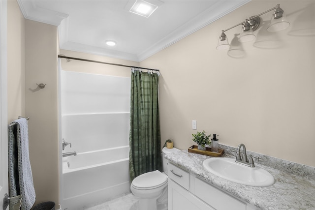 bathroom featuring crown molding, shower / tub combo with curtain, toilet, and vanity