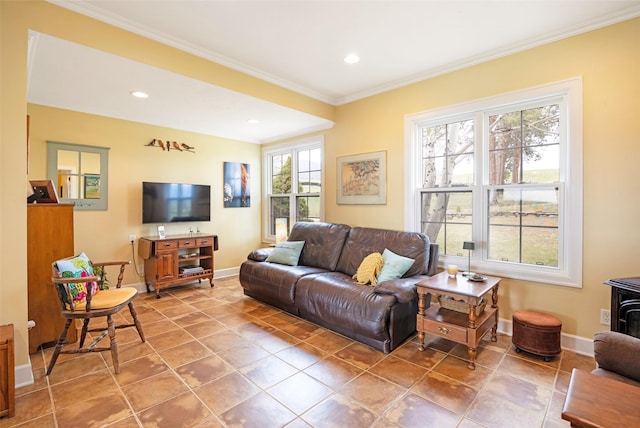 living area with crown molding, recessed lighting, baseboards, and light tile patterned floors