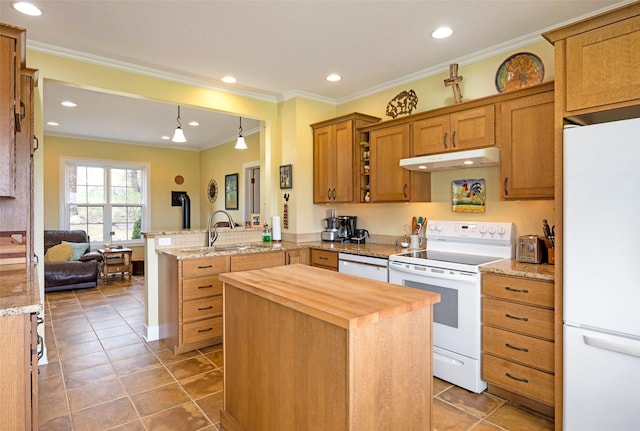 kitchen featuring crown molding, a peninsula, under cabinet range hood, white appliances, and butcher block countertops