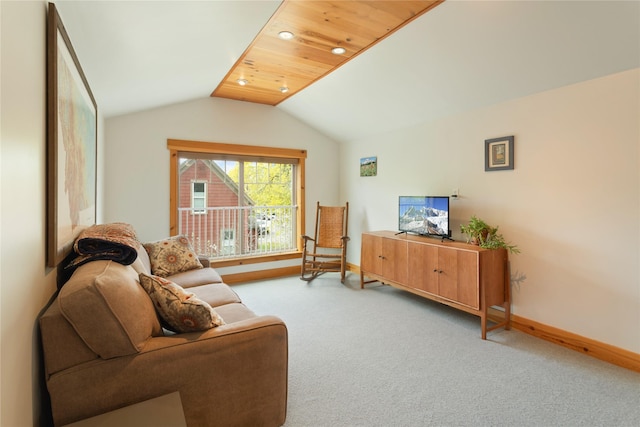 living area featuring carpet floors, recessed lighting, baseboards, and lofted ceiling