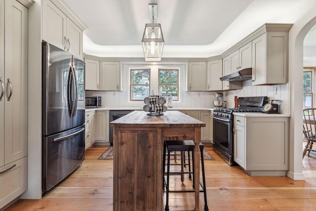 kitchen with light wood-type flooring, appliances with stainless steel finishes, under cabinet range hood, and a healthy amount of sunlight
