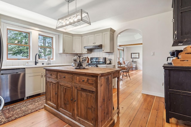 kitchen featuring butcher block counters, under cabinet range hood, arched walkways, light wood-style flooring, and stainless steel appliances