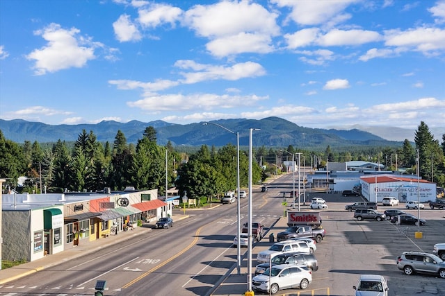 exterior space featuring curbs, street lights, a mountain view, and sidewalks