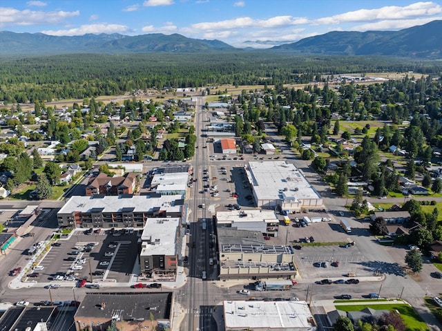 aerial view featuring a view of trees and a mountain view
