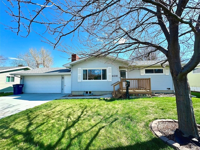 ranch-style home featuring a chimney, an attached garage, concrete driveway, and a front yard